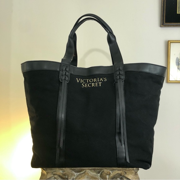 Extra Large Victoria’s Secret Black VS Tote Bag Shoulder Gold Faux Leather - Picture 11 of 11
